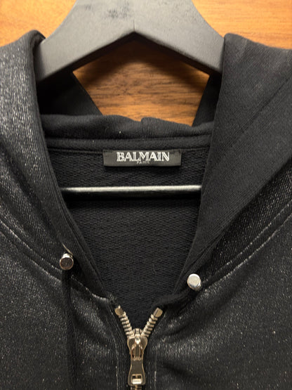 2010s Balmain Glitter Effect Grey Side-Zip Logo Hoodie