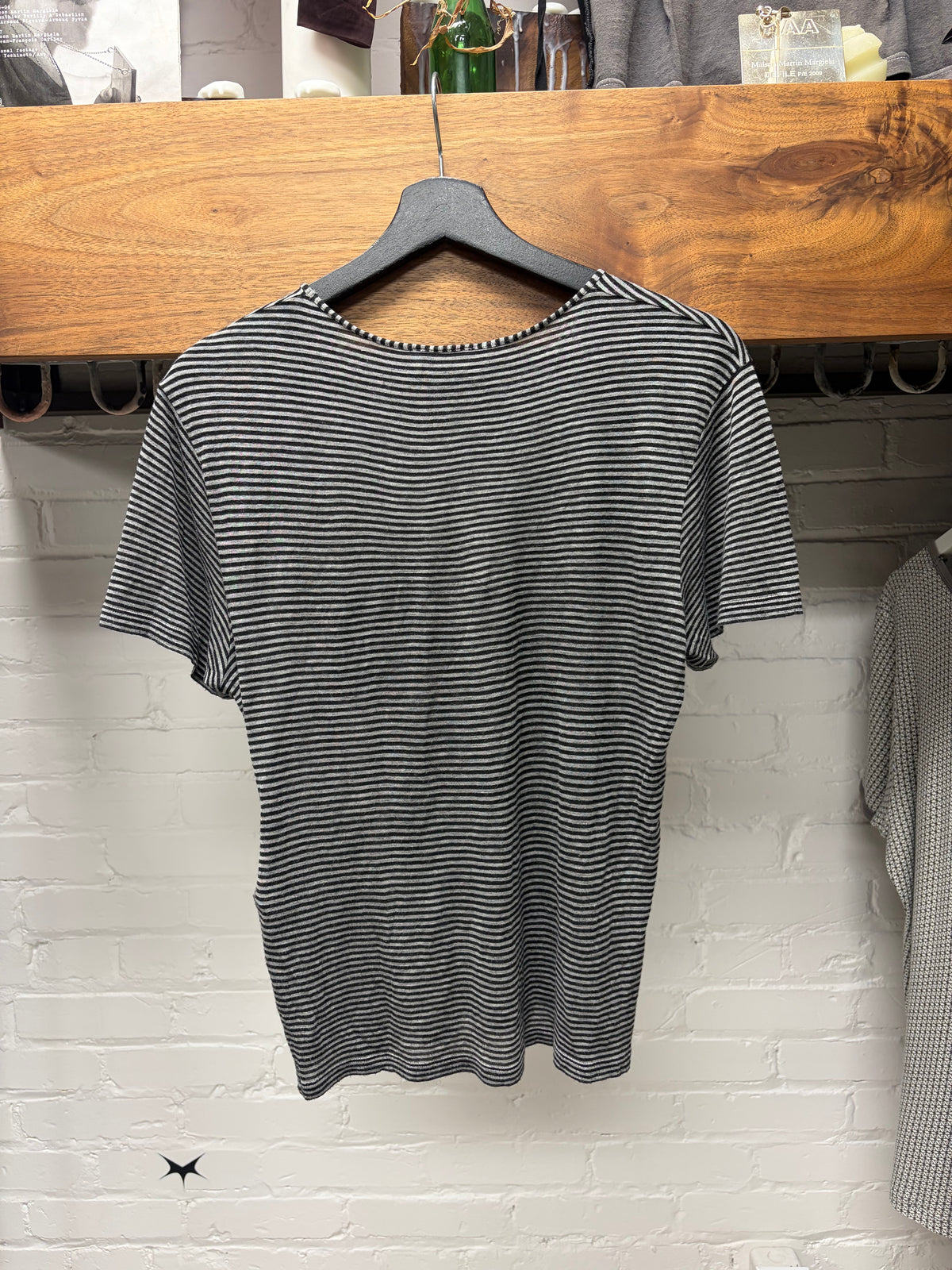2020 Saint Laurent Black/Grey Striped ‘YSL’ Embroidered Logo Striped T-Shirt