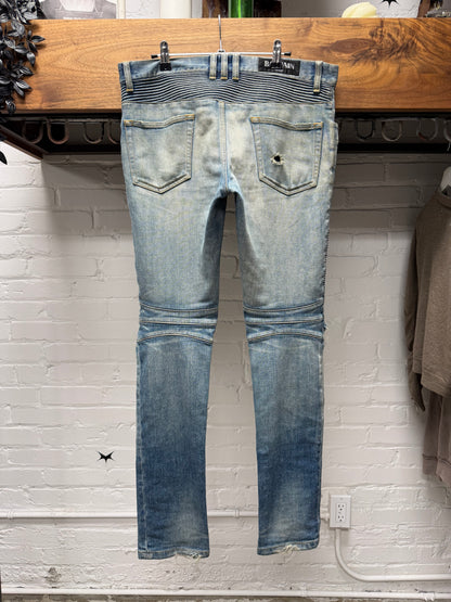 Balmain Dirt Washed Blue Distressed Biker Knee Denim