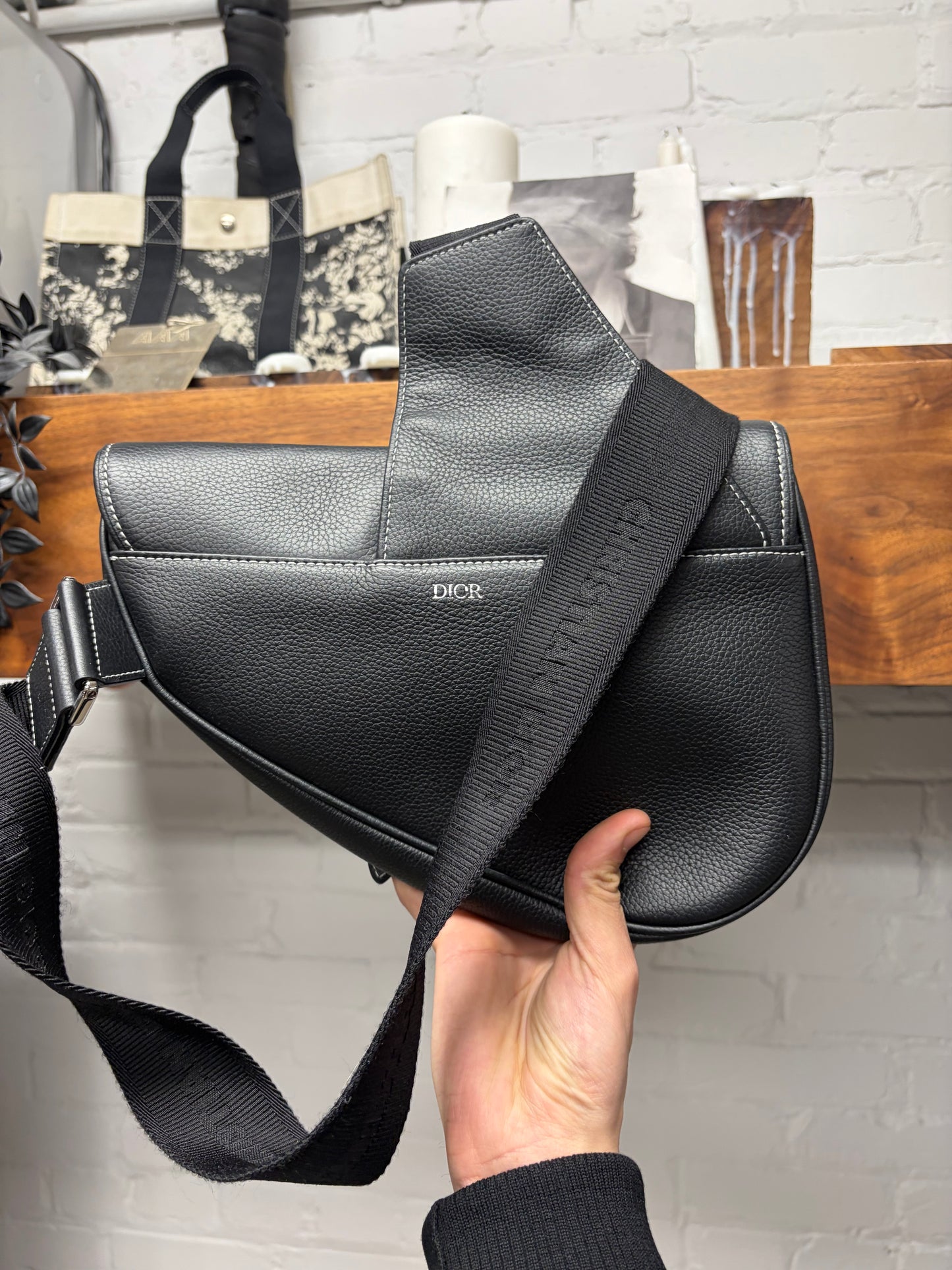 Dior Grained Black Calfskin Leather ‘Saddle Bag’ with Roller Buckle Strap