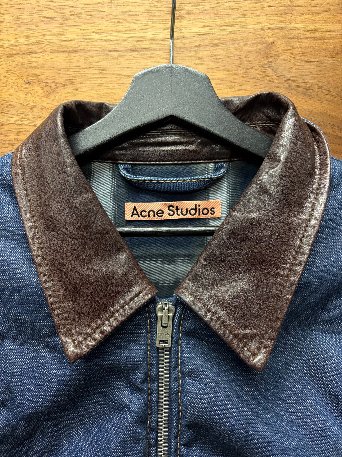 Acne Studios ‘Padded’ Plaid Lined Blue Denim Jacket with Leather Collar