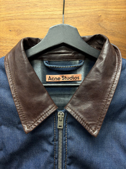 Acne Studios ‘Padded’ Plaid Lined Blue Denim Jacket with Leather Collar