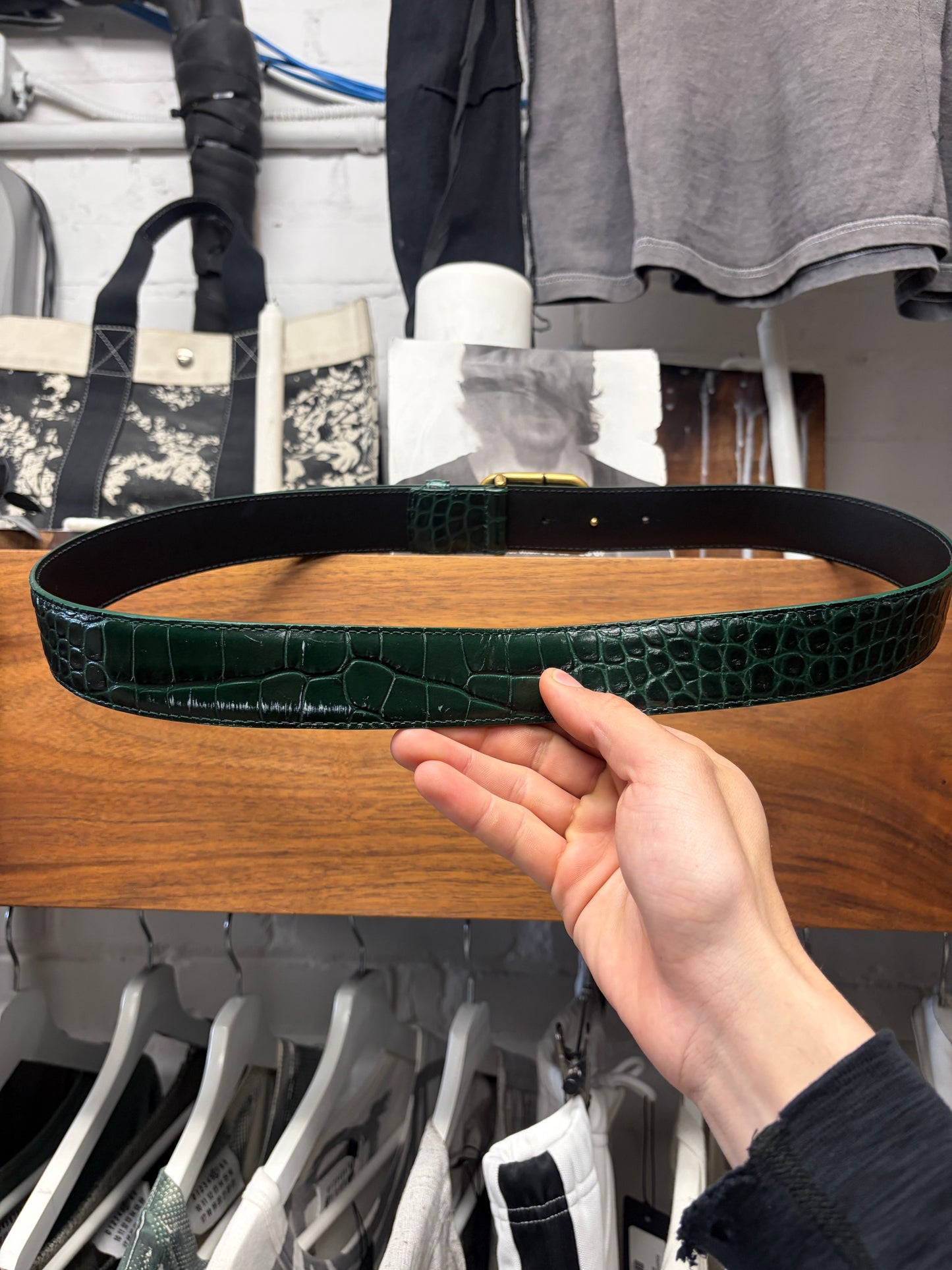 Balenciaga Croc Embossed Dark Green/Gold ‘BB Logo’ Leather Belt