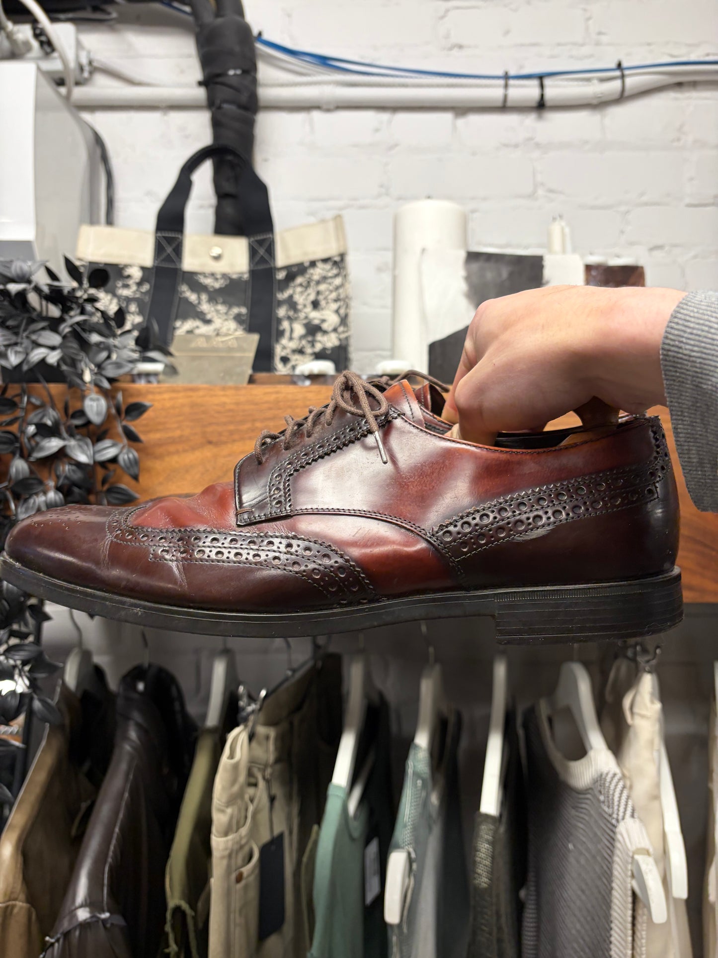 Prada Wingtip Brogue Leather Oxford Shoes with Natural Brown Patina