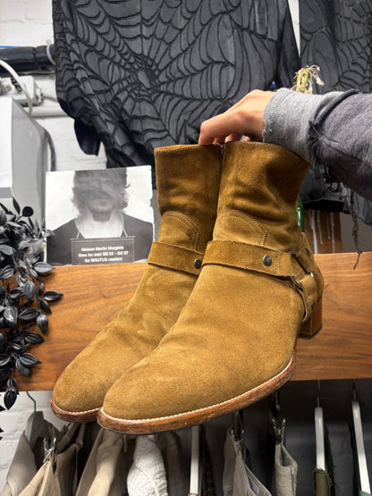 Saint Laurent Brown Suede Harness ‘Wyatt’ Pointed Toe Chelsea Boots