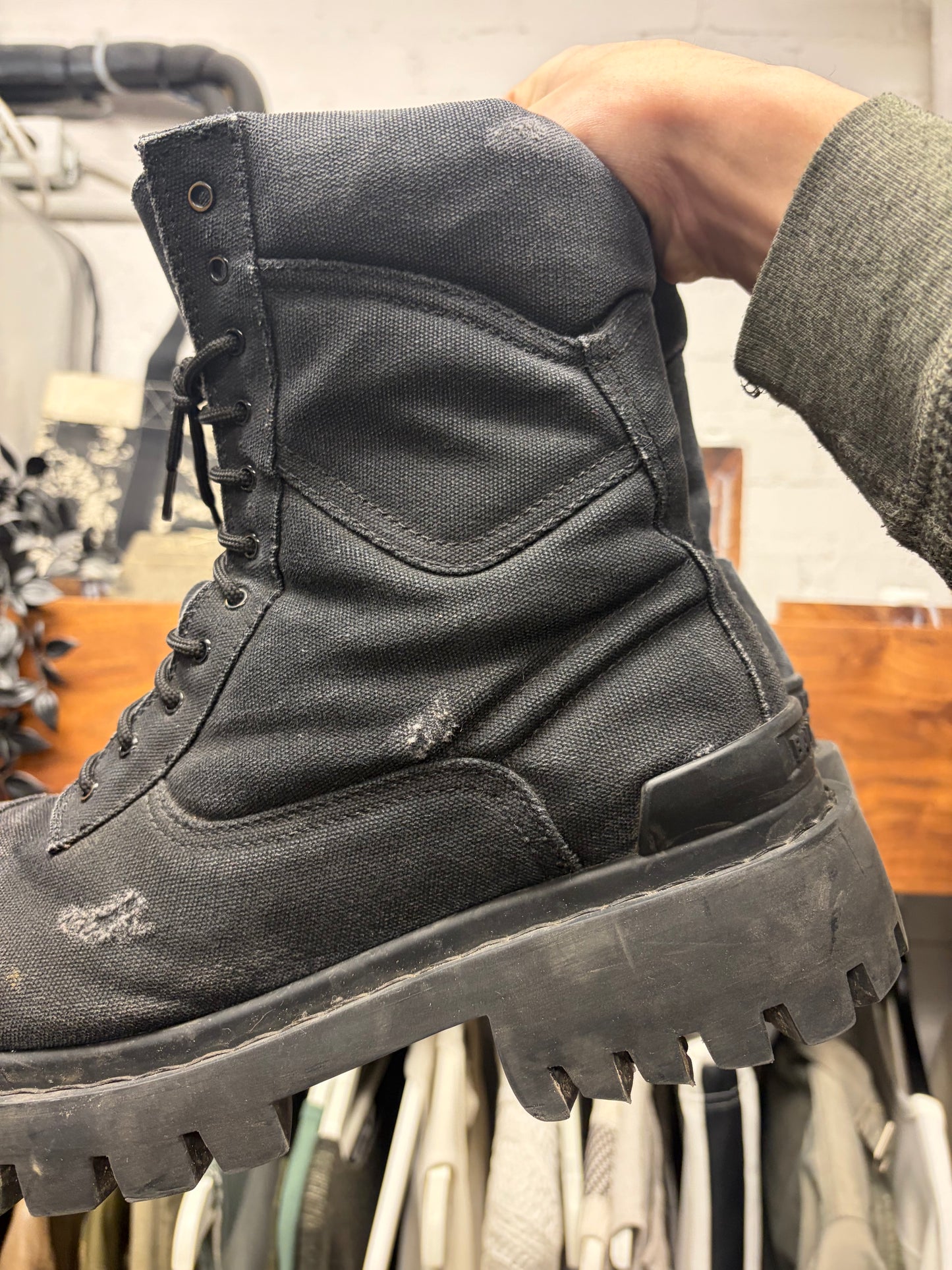Balenciaga Distressed Canvas ‘Strike’ Black Combat Boots