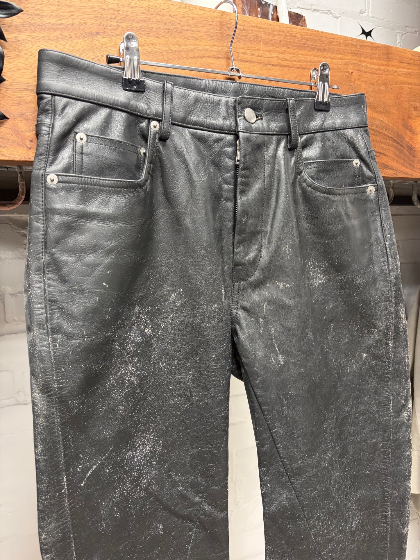 SS2025 Rick Owens ‘Hollywood’ Crackled Calfskin Leather Pants