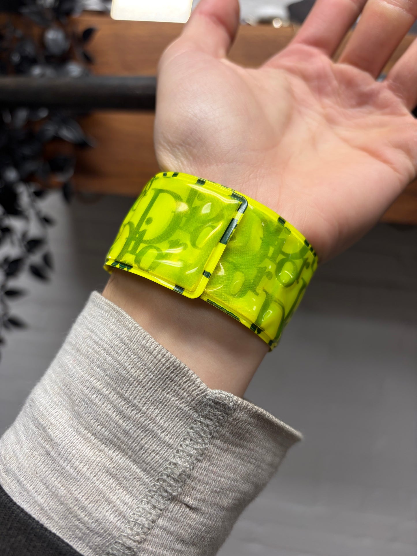 2000s Dior Neon Green ‘Trotter’ Monogram Slap Bracelet