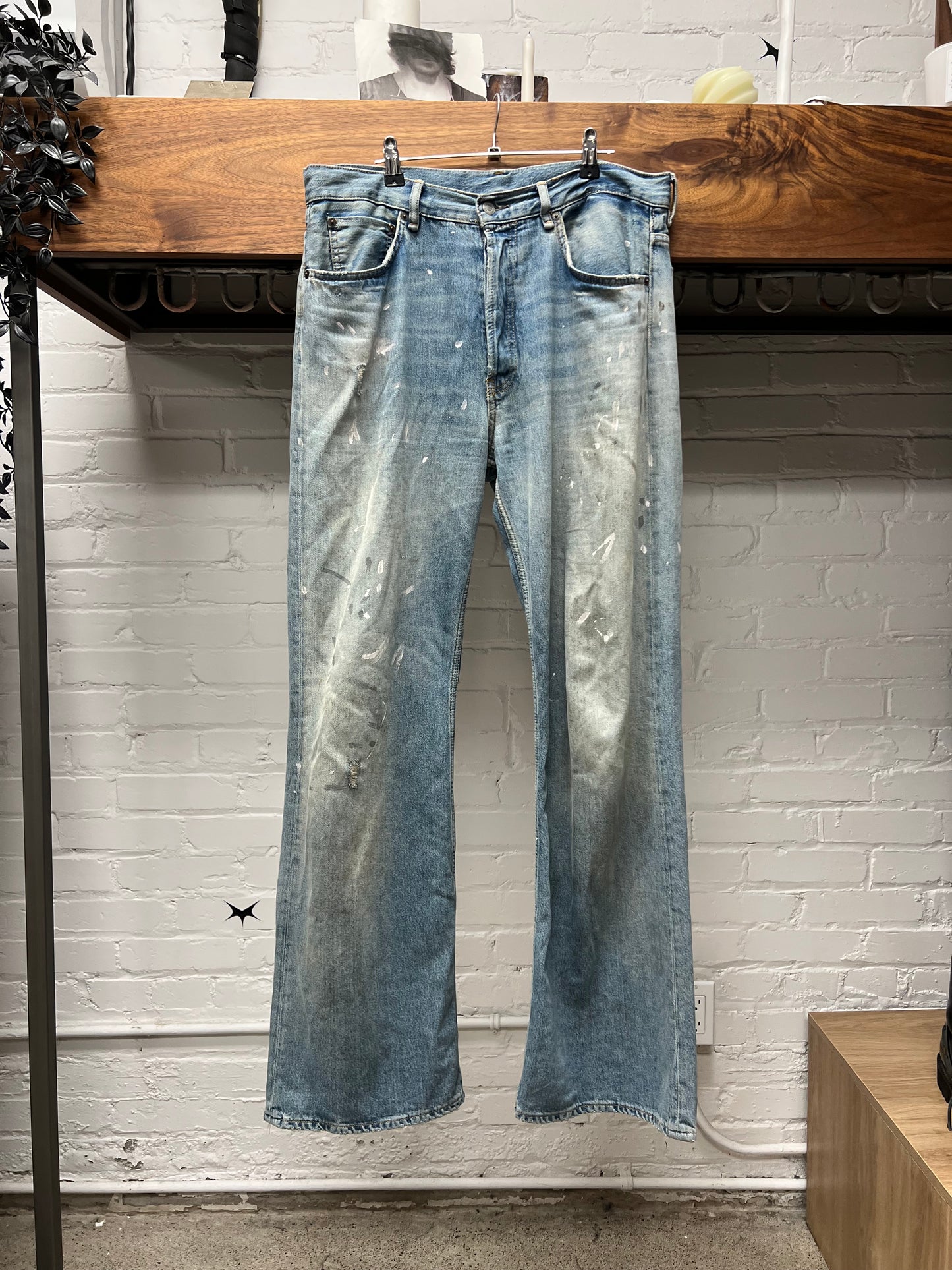 Acne Studios ‘Paint Splatter’ Light Wash Blue Flared Denim