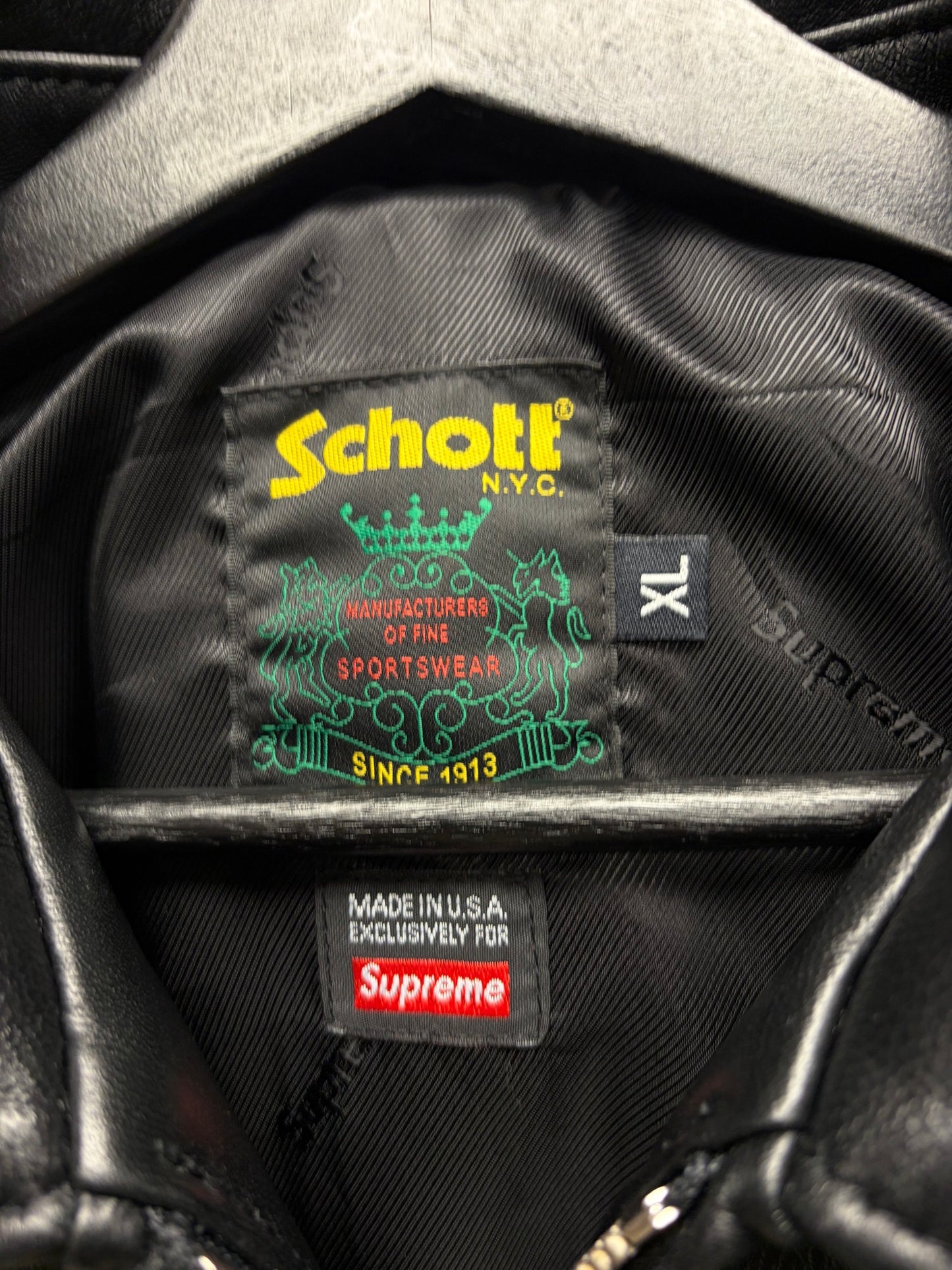 SS2024 Supreme x Schott Black ‘Embossed Logo’ Lambskin Leather Zip-Up Jacket