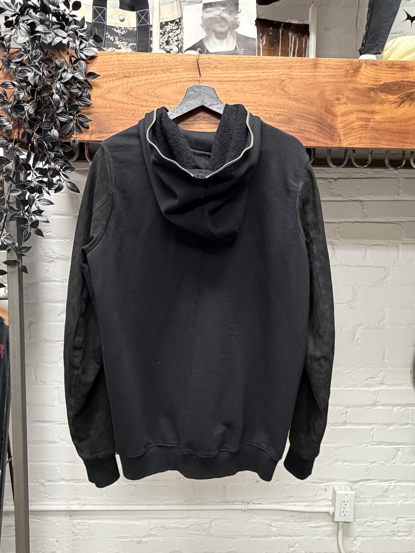 AW2015 Rick Owens Leather Sleeve ‘Gimp’ Black Full Zip Hoodie