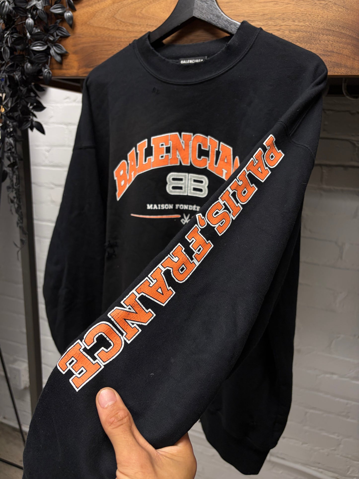 2021 Balenciaga Distressed Cotton ‘Paris’ Black/Orange Logo Sweatshirt