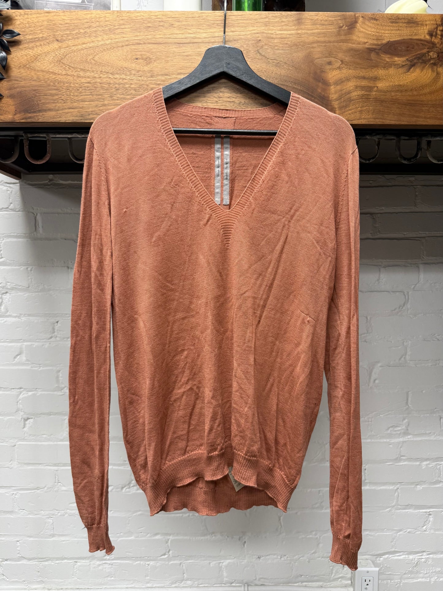 SS2019 Rick Owens ‘Babel’ Virgin Wool ‘Cyclamen’ Orange V-Neck Knit Sweater