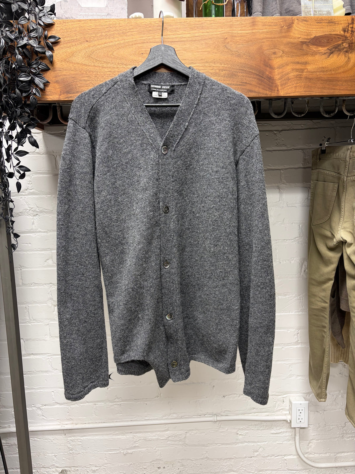 2019 Comme Des Garçons Homme Deux Grey Wool Knit Cardigan with Asymmetric Bottom Hem
