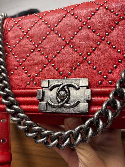 Chanel ‘Studded’ Red Quilted Leather Medium Boy Bag with Chain Crossbody Strap