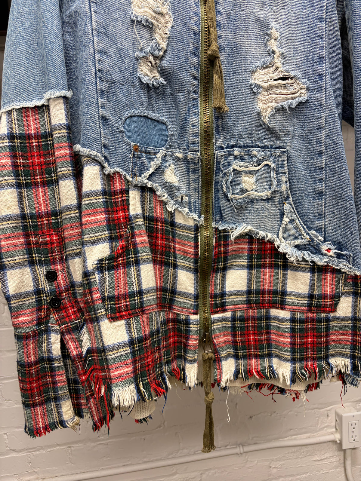 Greg Lauren Reconstructed Denim/Flannel Hybrid Bomber Jacket with Thermal Liner