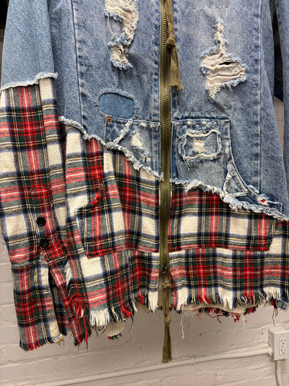 Greg Lauren Reconstructed Denim/Flannel Hybrid Bomber Jacket with Thermal Liner
