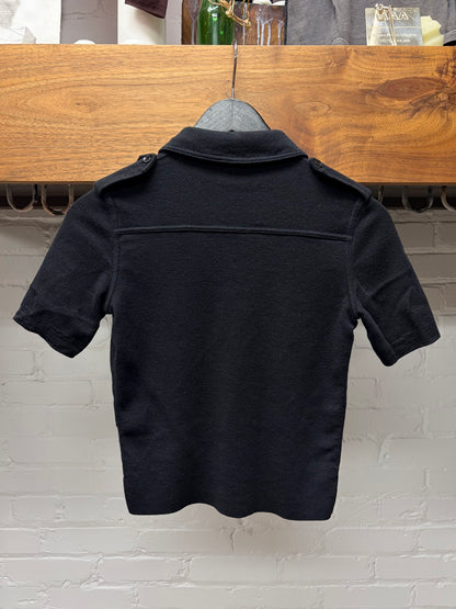 Saint Laurent Cropped Black Ribbed Cotton Full Button ‘Military Inspired’ Polo