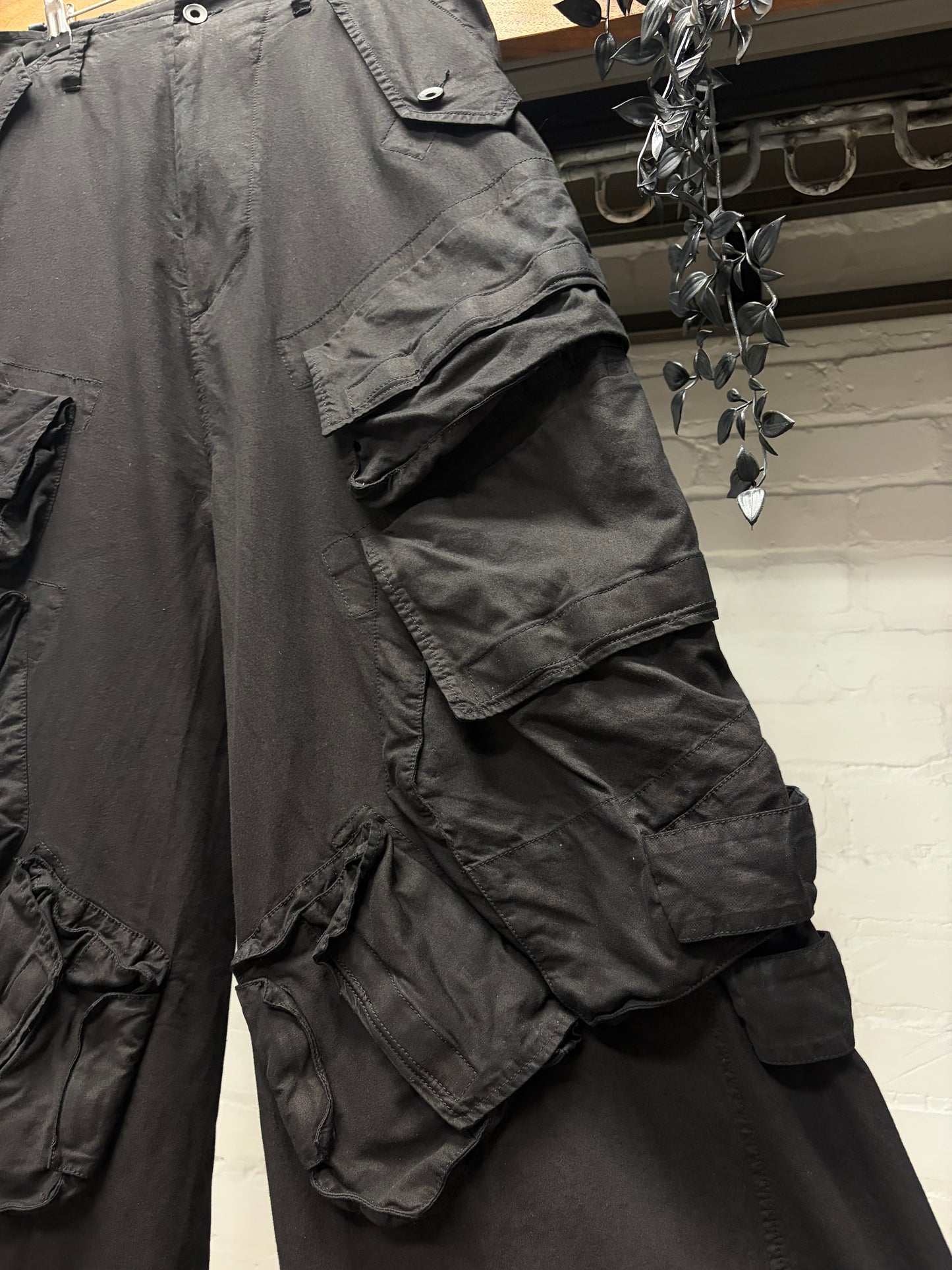 AW2024 Julius ‘Gas Mask’ Cotton/Nylon Black Wide Leg Cargo Pants