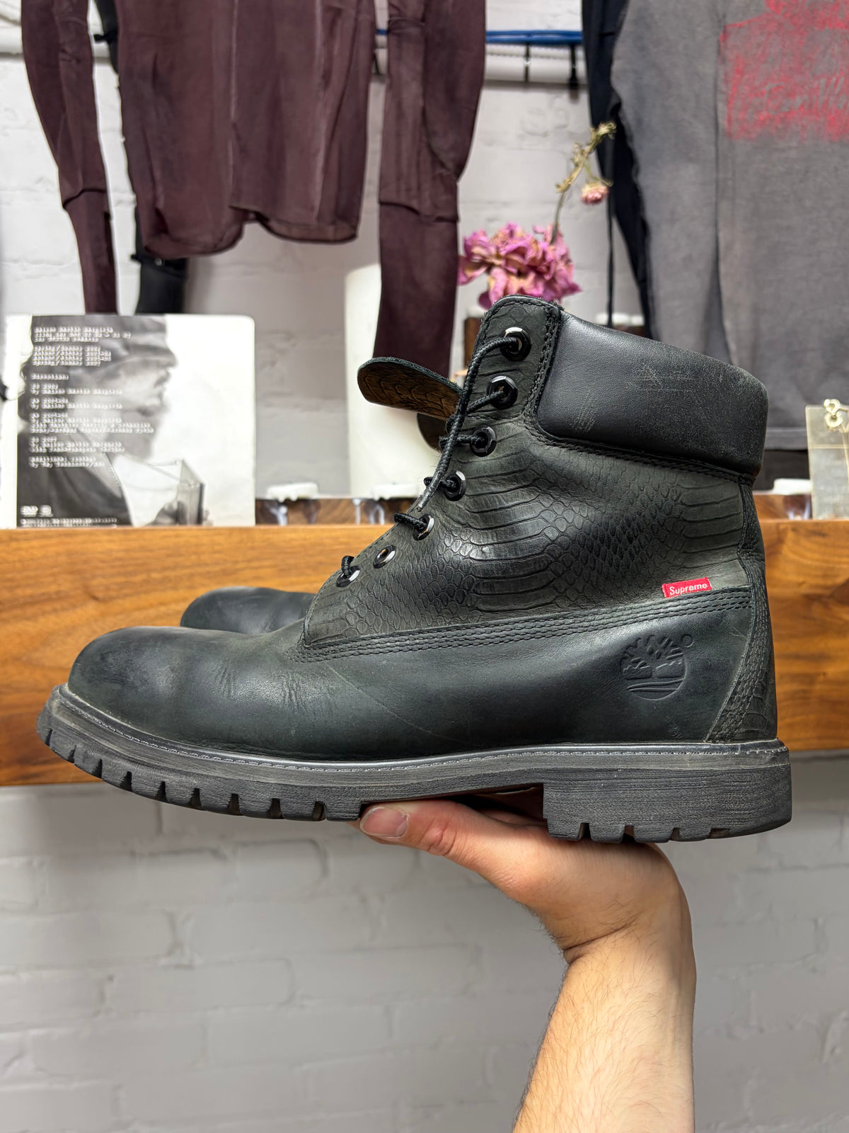 AW2013 Supreme x Timberland Snakeskin Embossed Black Leather 6 inch Premium Waterproof Boots