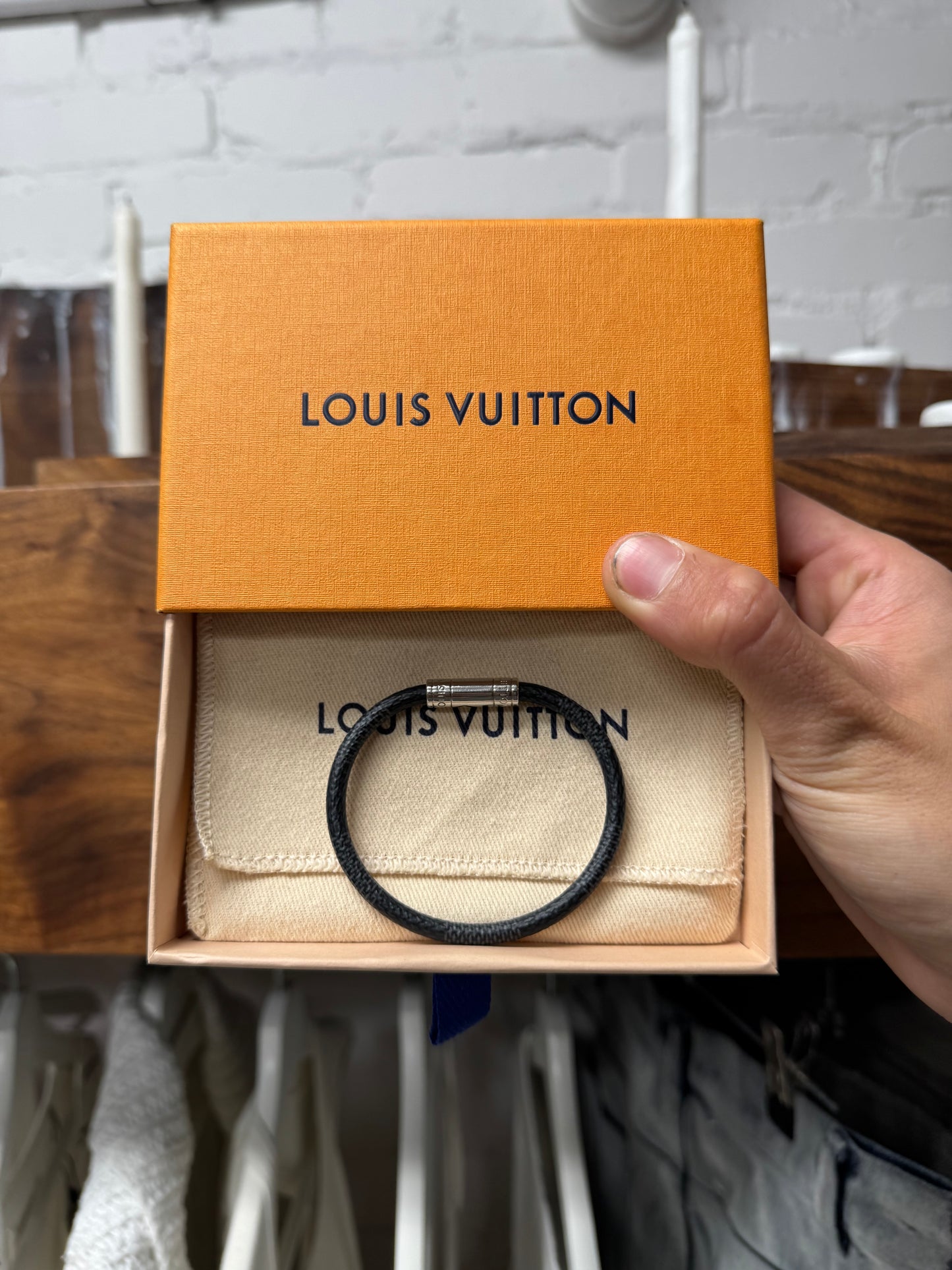 Louis Vuitton ‘Keep It’ Silver/Graphite Leather  Bracelet