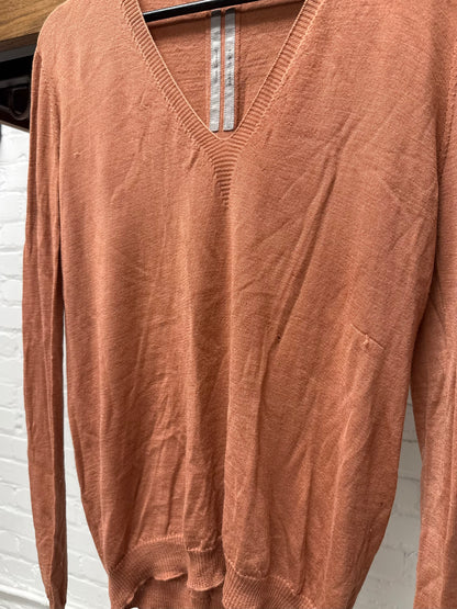 SS2019 Rick Owens ‘Babel’ Virgin Wool ‘Cyclamen’ Orange V-Neck Knit Sweater