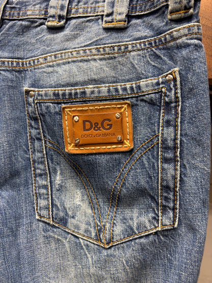 2000s Dolce and Gabbana Distressed Washed Blue Bootcut Denim