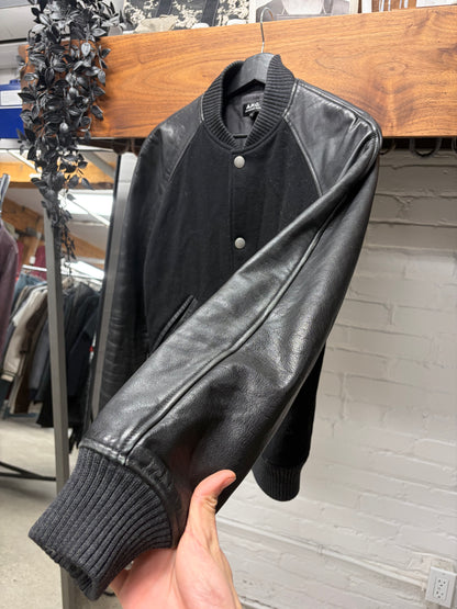 A.P.C. Black Wool/Leather Varsity Bomber Jacket
