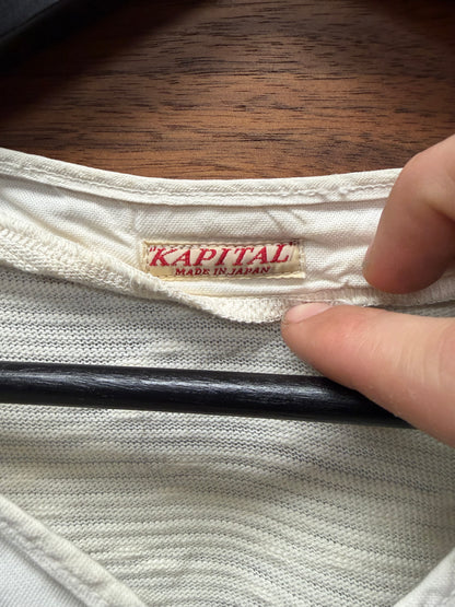 Kapital ‘HBW’ Layered Henley Linen/Cotton Cream White T-Shirt