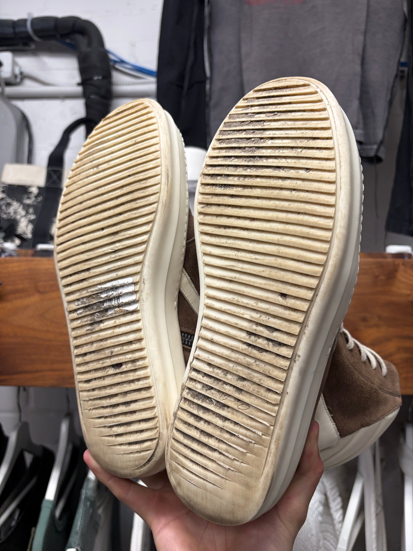 Rick Owens Dust/Milk Classic Leather Geobasket High Top Sneakers