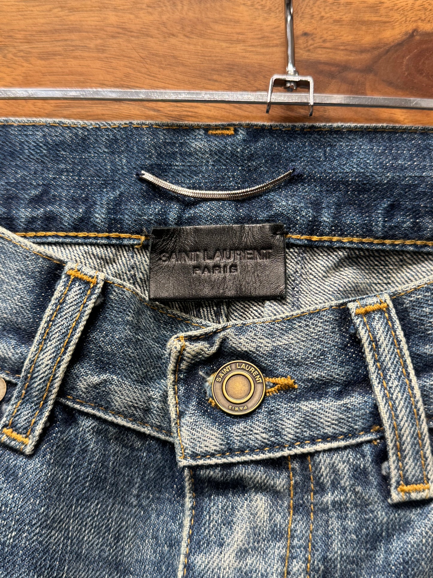 2015 Saint Laurent by Hedi Slimane ‘D02’ Knee Distressed Blue Skinny Jeans