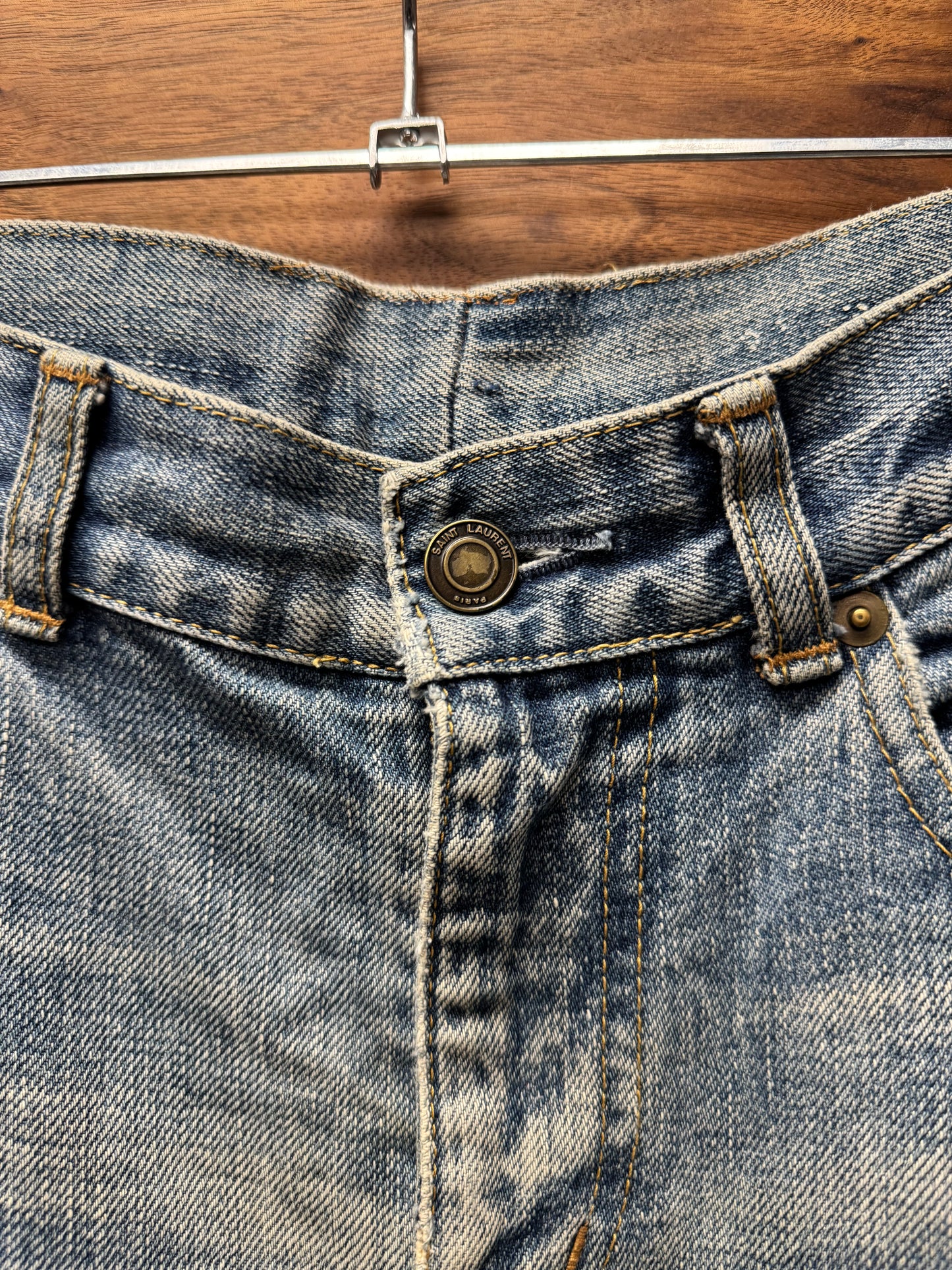 Saint Laurent ‘D02’ Distressed Light Wash Blue Skinny Jeans
