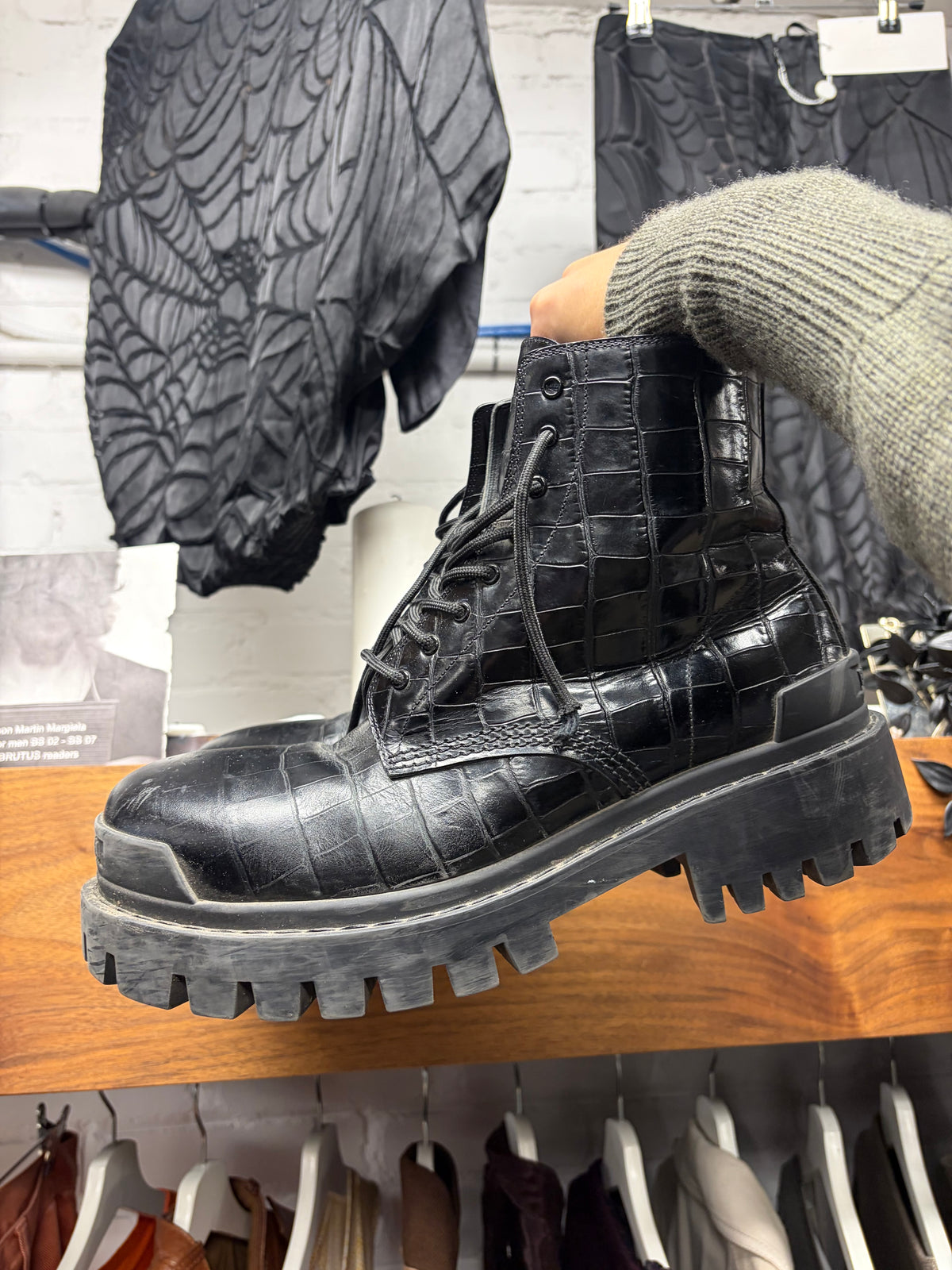 Balenciaga Croc Embossed Black Leather ‘Strike’ Combat Boots