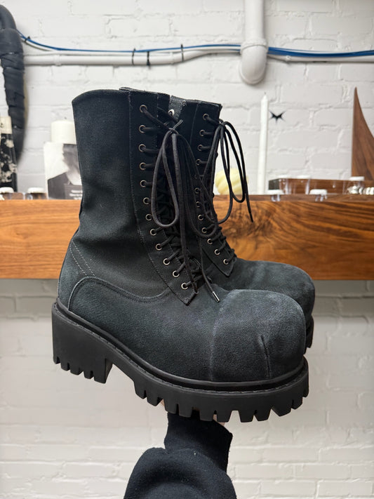 AW2024 Balenciaga Distressed Black Canvas ‘Stomper’ Oversized Combat Boots