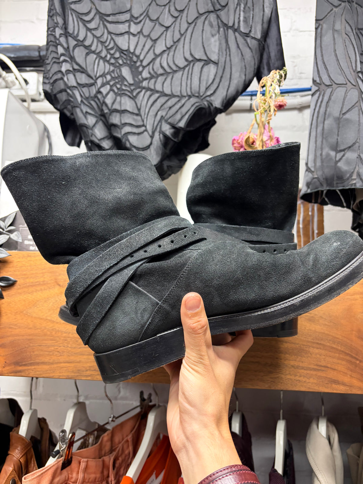 Kris Van Assche Black Suede ‘Chelsea’ Ankle Boots with Belting Wraps