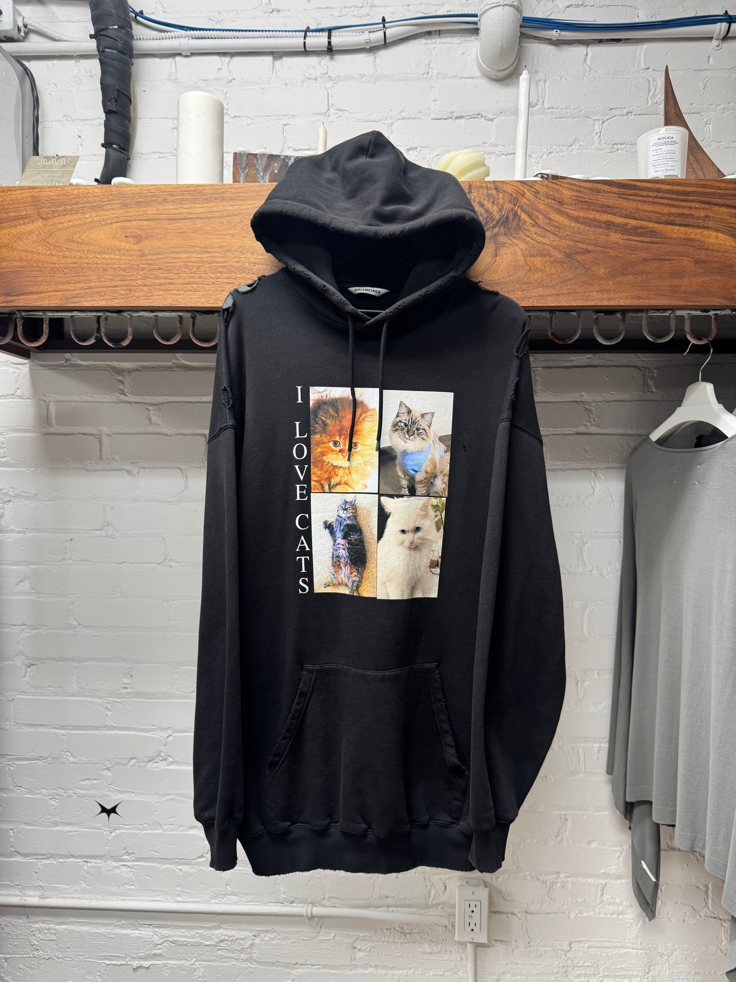 2020 Balenciaga ‘I Love Cats’ Distressed Black Pullover Hoodie