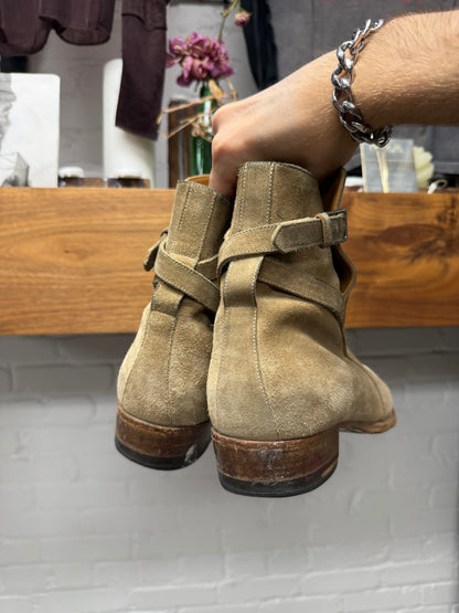Saint Laurent ‘Jodhpur’ Belted Tan Suede Pointed Toe Chelsea Boots