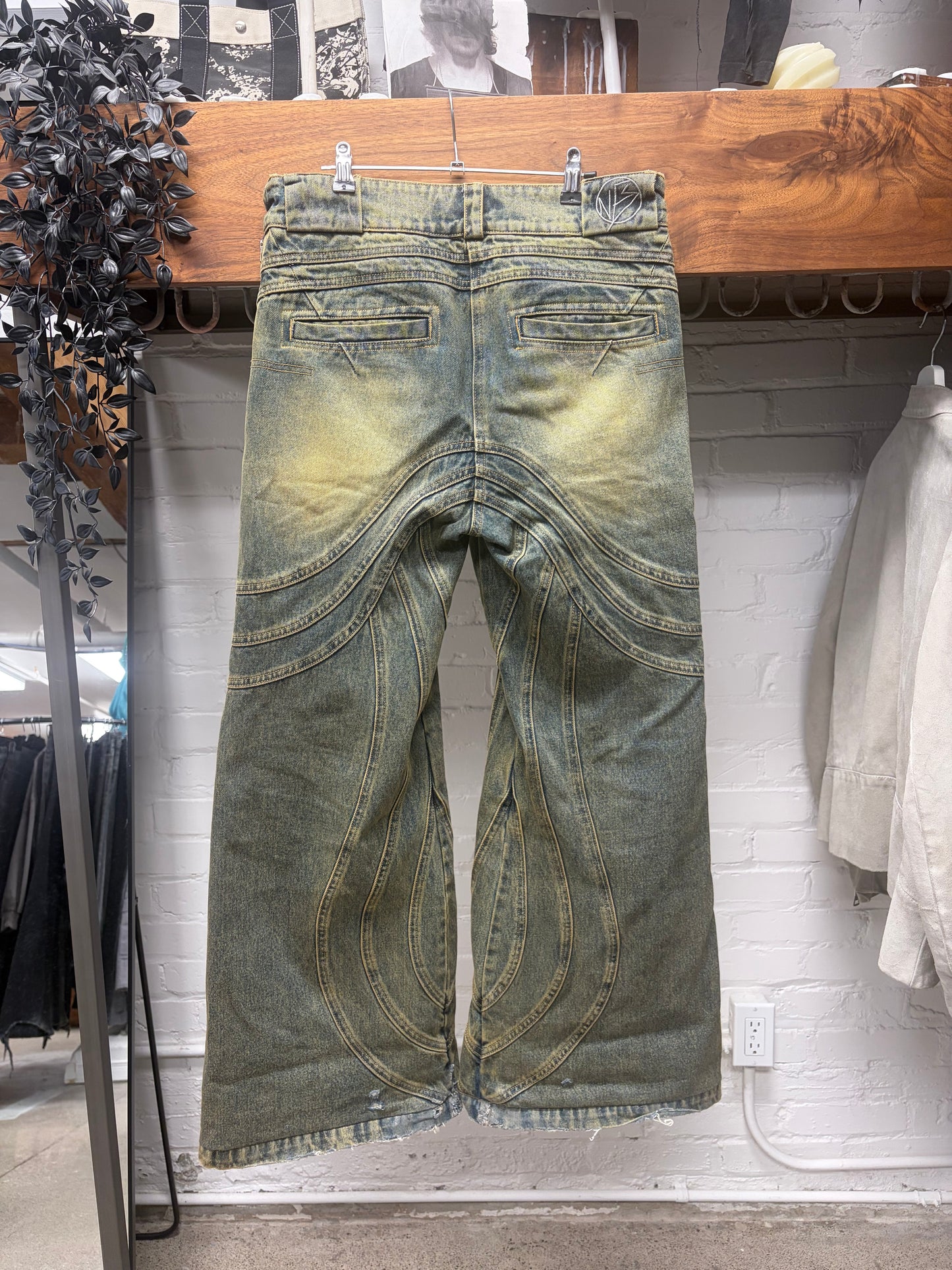 No Faith Studios Mud Washed ‘Wave’ Flared Leg Denim