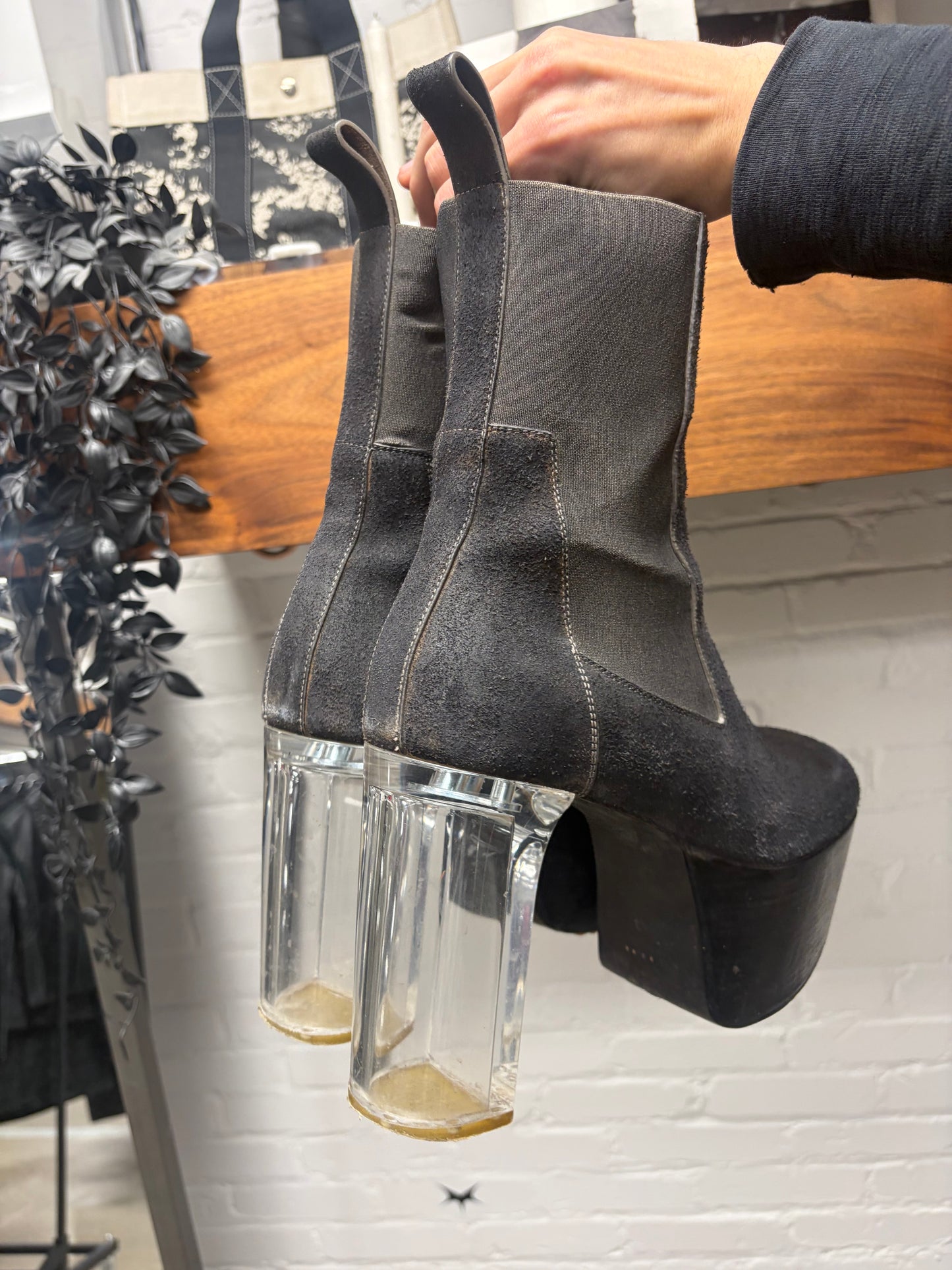 Rick Owens Black Suede ‘Kiss Heel’ Platform Boots