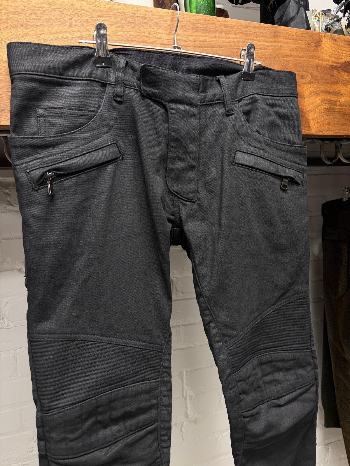 Balmain Waxed Black Biker Knee Skinny Moto Denim