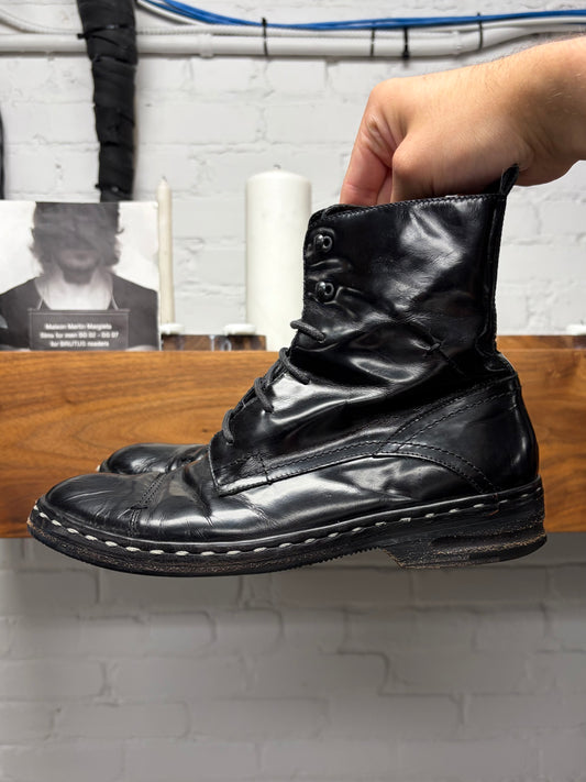 Costume National Black Patent Leather Contrast Stitch Combat Boots