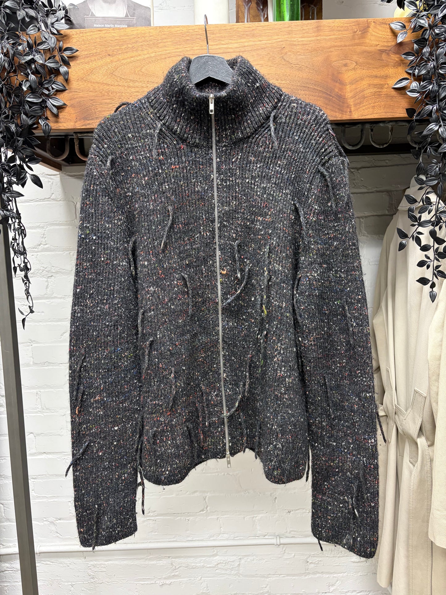 SS2017 Maison Margiela Charcoal Speckled ‘Drivers Knit’ Zip-Up Sweater with Frayed Tassels