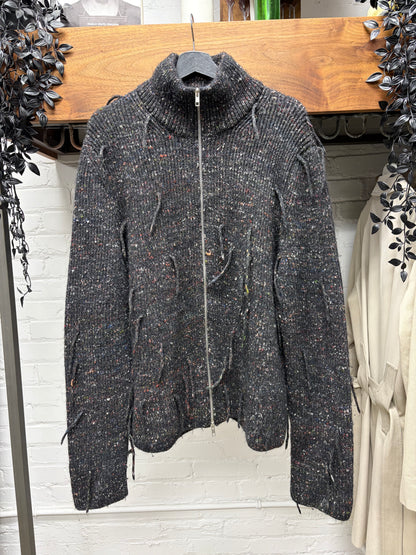 SS2017 Maison Margiela Charcoal Speckled ‘Drivers Knit’ Zip-Up Sweater with Frayed Tassels