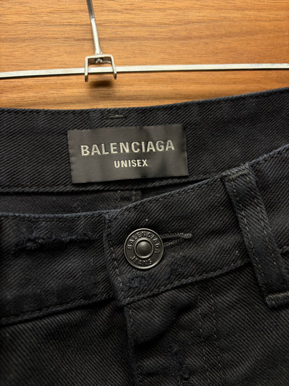 2022 Balenciaga Distressed ‘Dirty Black’ Over Knee Length Cutoff Denim Shorts