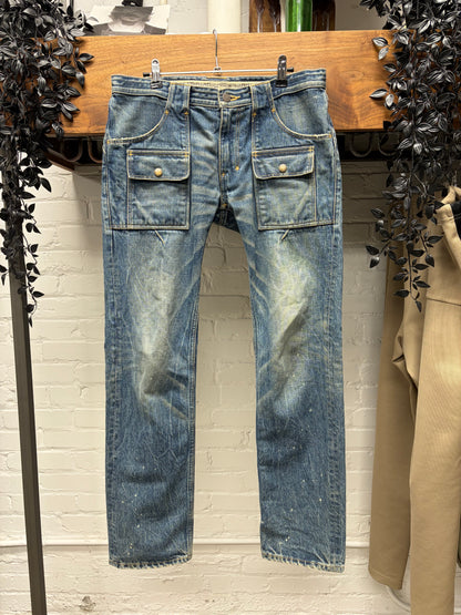 AW2009 Number (N)ine Dirt Washed Blue ‘Crying Heart’ Leather Patch Blue Skinny Cargo Denim