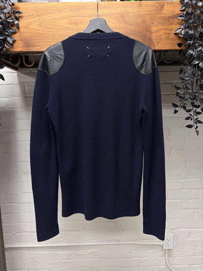 SS2015 Maison Margiela Leather Patch ‘Thumbhole’ Navy Blue Ribbed Knit Sweater