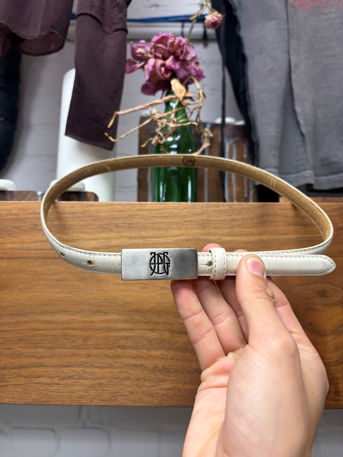 Vintage Jean Paul Gaultier ‘JPG’ White Leather Thin Belt