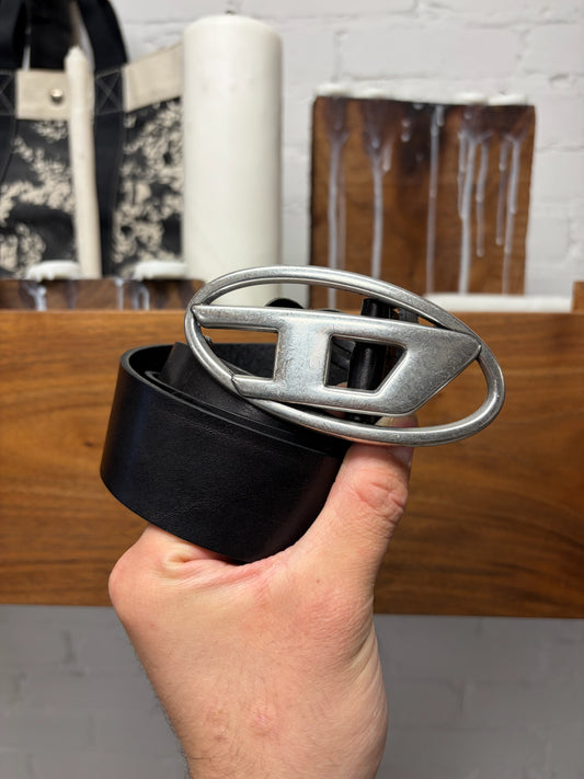 Diesel ‘D Logo’ Buckle Black/Silver Leather Belt