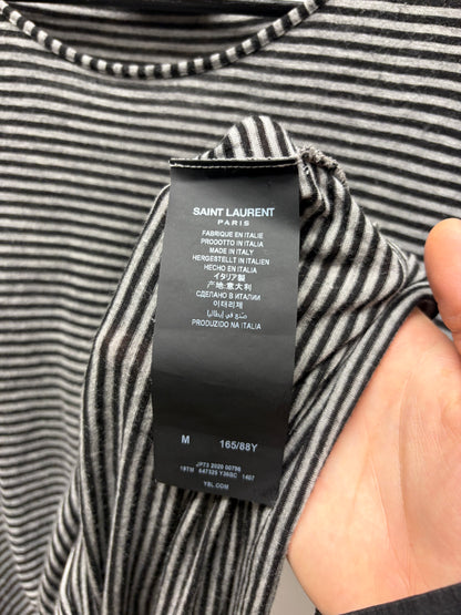 2020 Saint Laurent Black/Grey Striped ‘YSL’ Embroidered Logo Striped T-Shirt