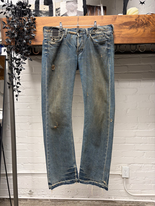 2000s Rick Owens ‘Slab’ Dirt Washed Blue Bootcut Denim